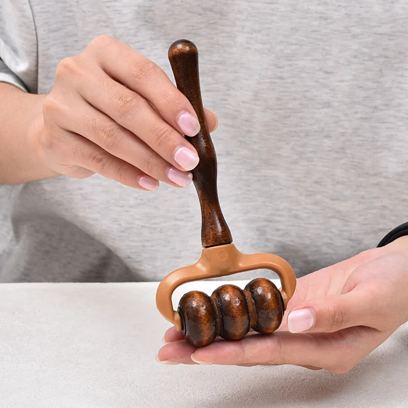 Portable Wooden Handheld Roller Massager Ergonomic Handle Three Roller Body Muscle Relaxation Neck Back Waist Massager Tool