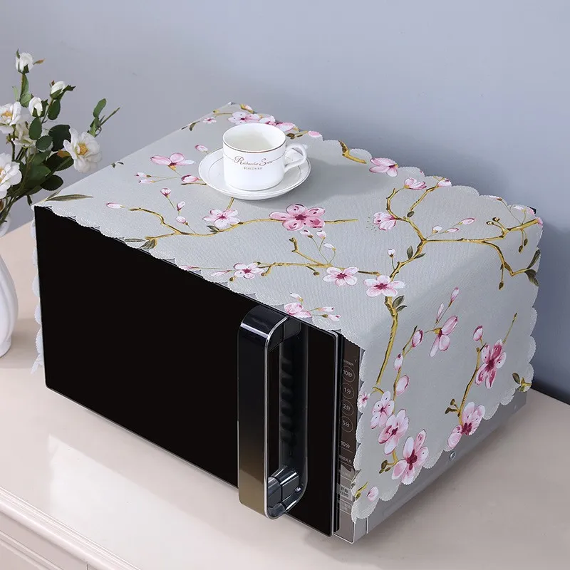 Microwave Oven Dust Cover Cotton Polyester Blend Scalloped Edge Floral Print Dustproof Protector Kitchen Appliance Cover