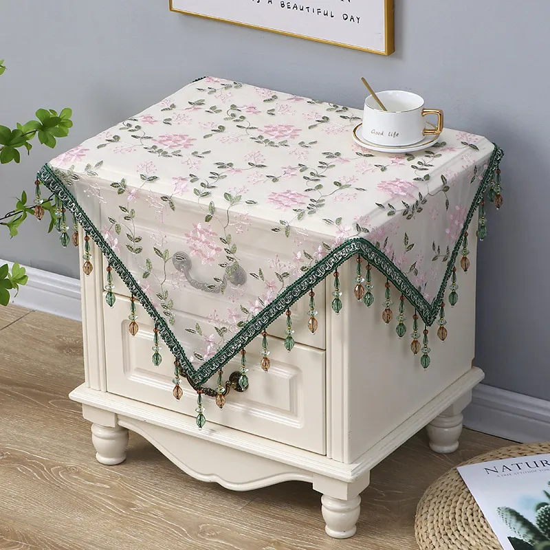 Cubierta Antipolvo Multiusos Mantel Cuadrado de Noche Paño a Prueba de Polvo para Refrigerador Encaje Malla Bordado Floral Decoración