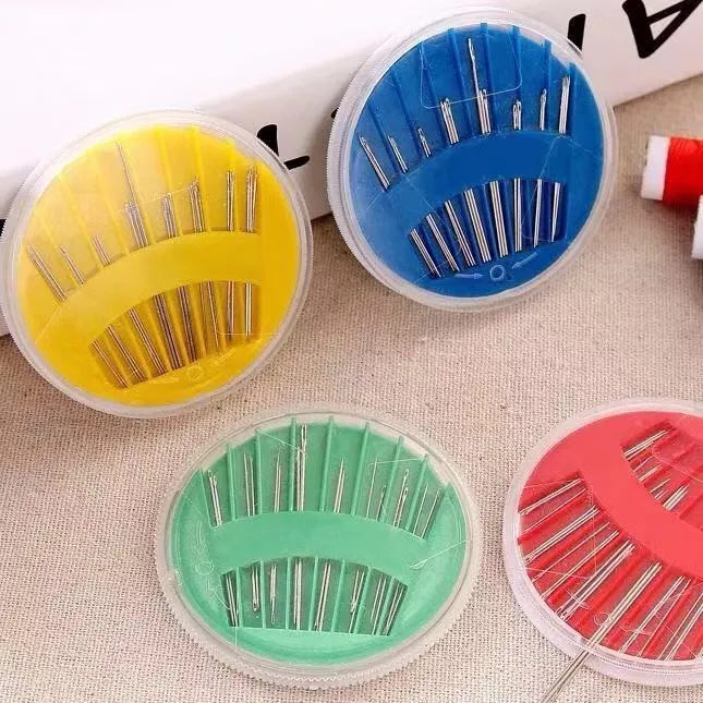 Kit de Boîte à Couture Ronde Portable Ménage Coque en Plastique Set d'Aiguilles à Coudre pour Réparation Quotidienne