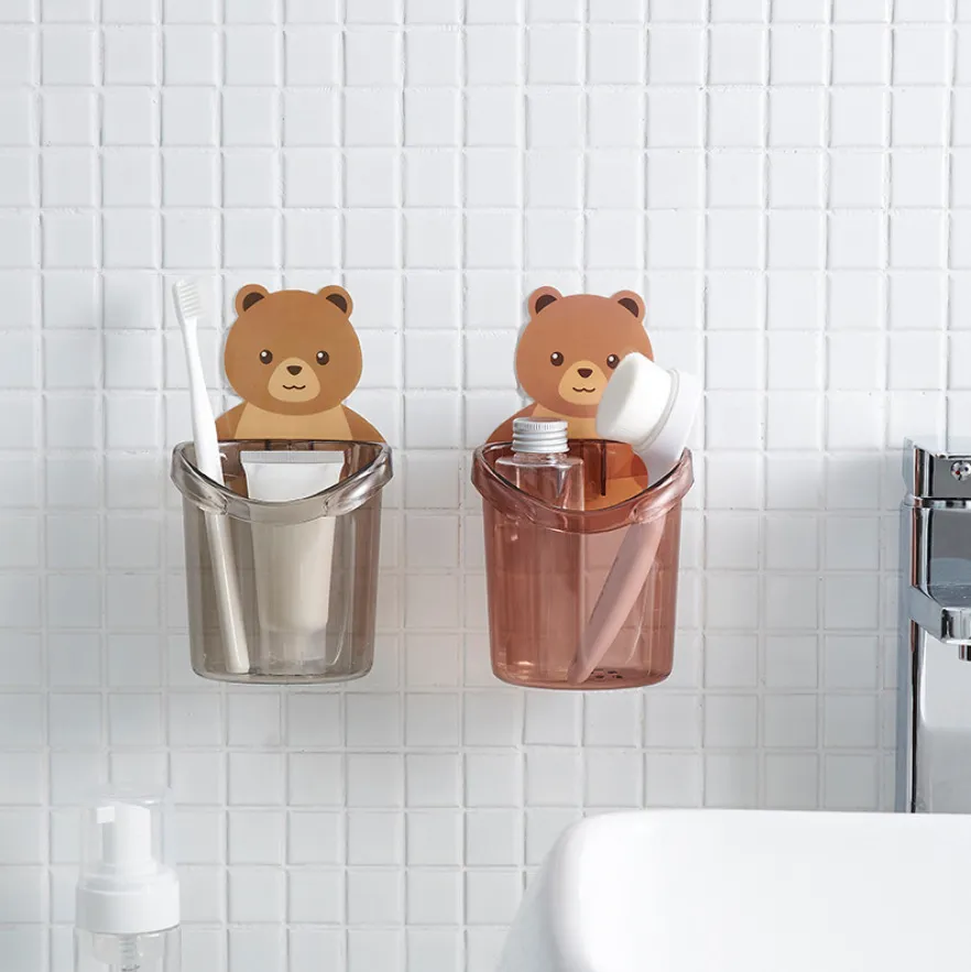 Portaspazzolino a Forma di Orso di Cartone Animato Creativo Montato a Parete Senza Punzonatura Tazza di Conservazione dello Scarico Mensola Organizer per Bagno