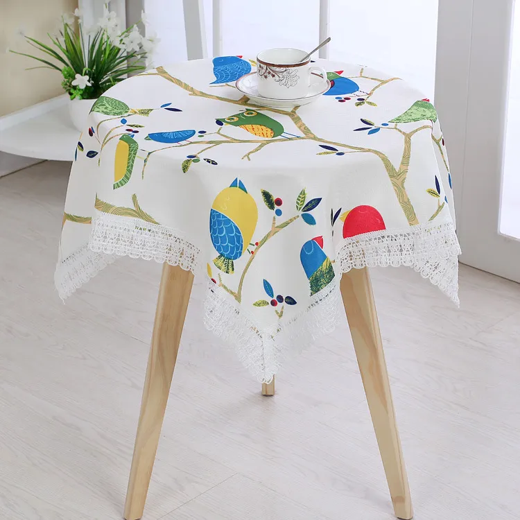 Cotton Fabric Tablecloth Floral Botanical Print With Lace Trim Dust-Proof Decorative Table Cover For Home