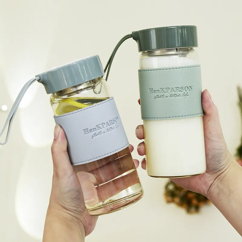 Portable Glass Water Bottle Borosilicate Glass Cup With Protective Leather Sleeve And Handle Leak Proof Drinkware