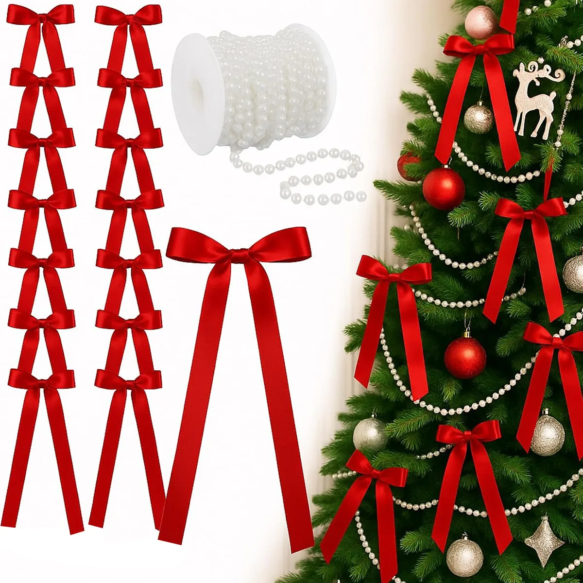Colgantes de Árbol de Navidad con Lazo de Satén y Guirnalda de Perlas Artificiales Adornos Colgantes Decorativos Ideales para Fiestas