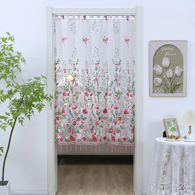 Spitzen Türvorhang Bestickt Blumen Transparenter Vorhang Mit Quasten Für Schlafzimmer Wohnzimmer Heimtextilien