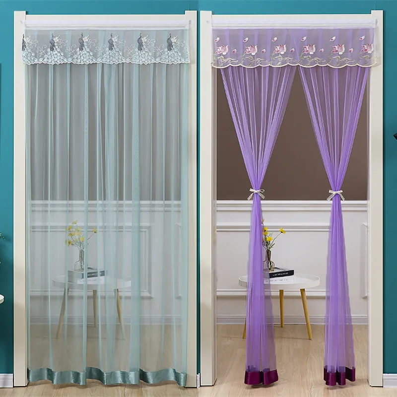 Spitzen Moskitonetz Türvorhang Doppelpanel Insektenschutz Sichtschutz Transparenter Vorhang mit Blumenstickerei Klettverschluss