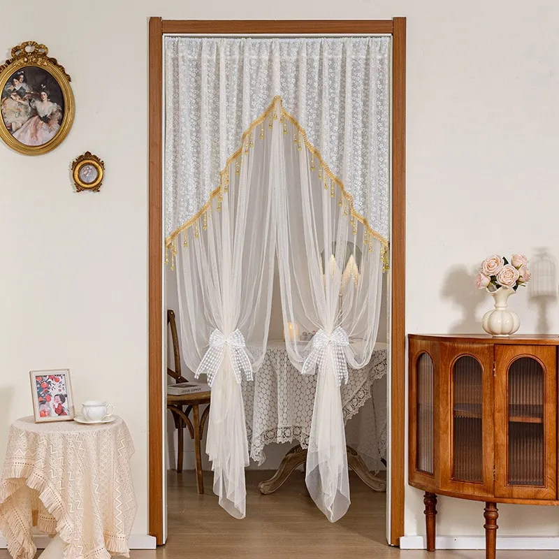 Lace Door Curtain Anti Mosquito Mesh Partition Curtain With Telescopic Rod European Vintage Floral Bedroom Home Decor