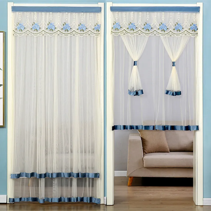 Double Layer Anti Mosquito Lace Door Curtain Punch Free Floral Embroidered Gauze Home Decor