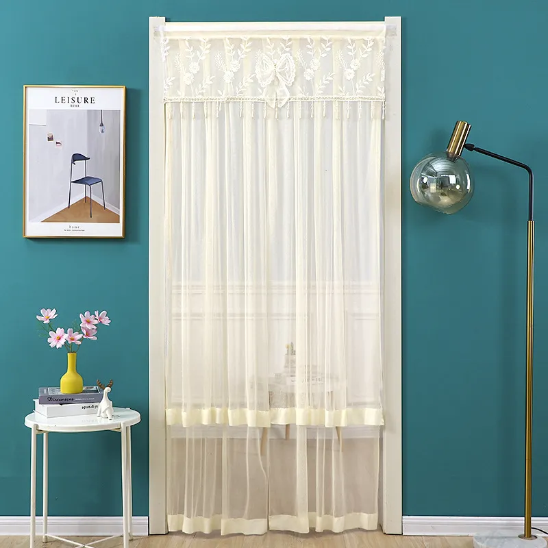 Double Layer Lace Door Curtain Floral Embroidered Bowknot Punch-Free Mosquito Proof Door Curtain For Bedroom Porch Study Home Decor