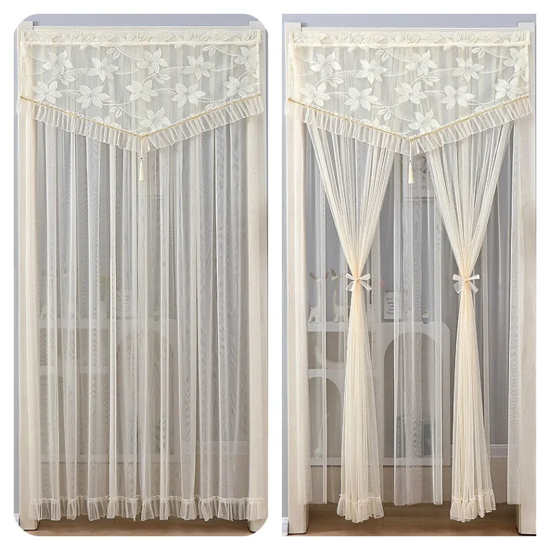 Lace Door Curtain Double Layer Mesh Floral Embroidered Ruffle Tassel Anti-Mosquito Room Divider Home Decor
