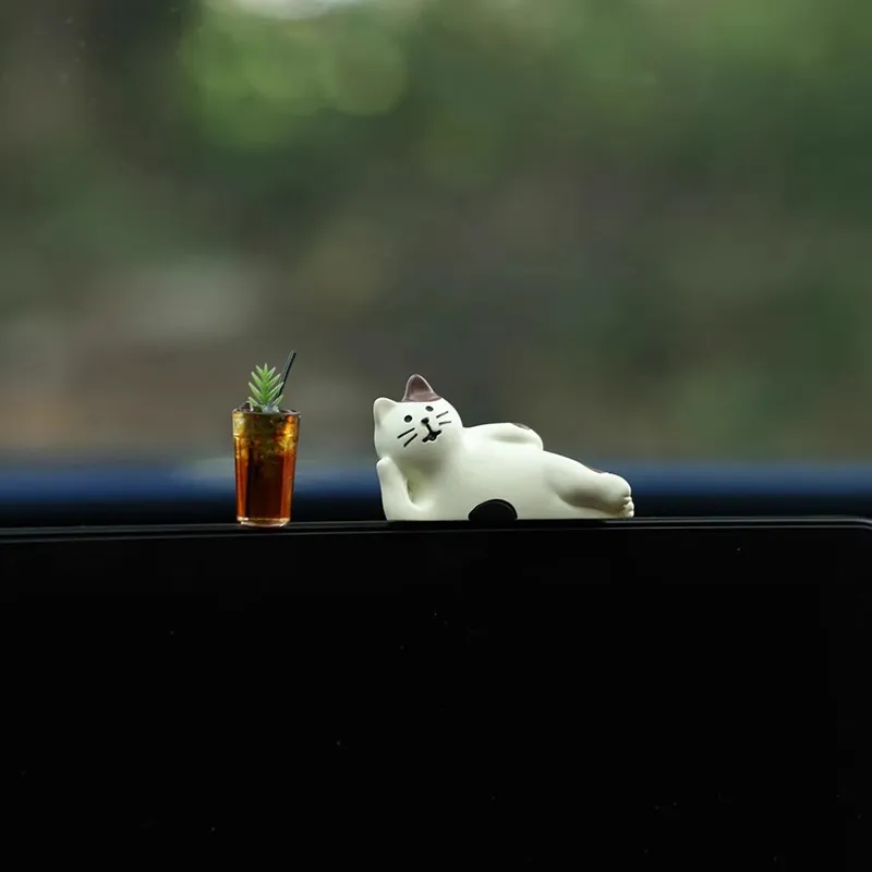 Adorno de Salpicadero de Coche de Gato de Resina Estatuilla Miniatura de Té de Limón Decoración Interior de Consola Central de Auto