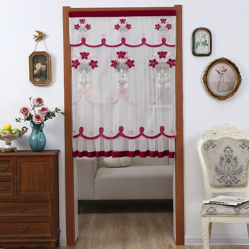 Cortina de Puerta de Encaje Nórdico Flores Botánicas Bordado Media Cortina para Dormitorio Cocina Sala Decoración