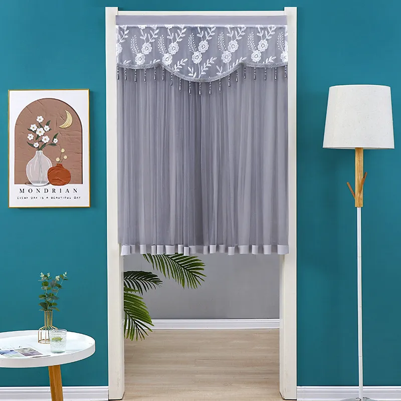 Spitzen Türvorhang Halbvorhang Blumenstickerei Transparenter Voile Volant Mit Perlen Quasten Für Schlafzimmer Heimdekoration