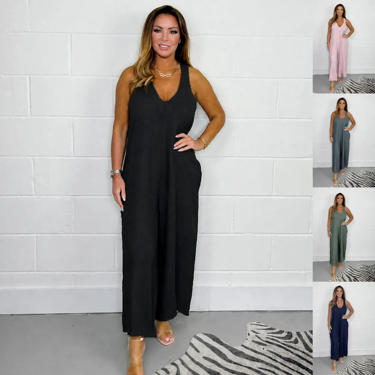 Donna Casual Tinta Unita Cotone Lino Scollo a V Allacciato Senza Maniche Gamba Larga Tuta Moda Estate Pantaloni Lunghi