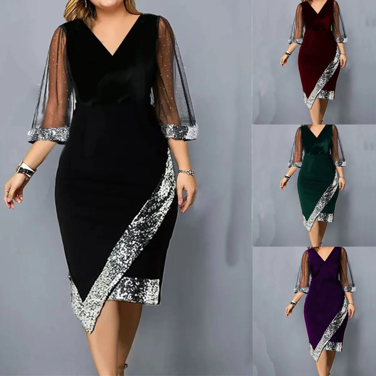 Women's Velvet Irregular Sequins Sheer Mesh Long Sleeve V-Neck Dress Elegant Slim Fit Evening Party Midi Dress