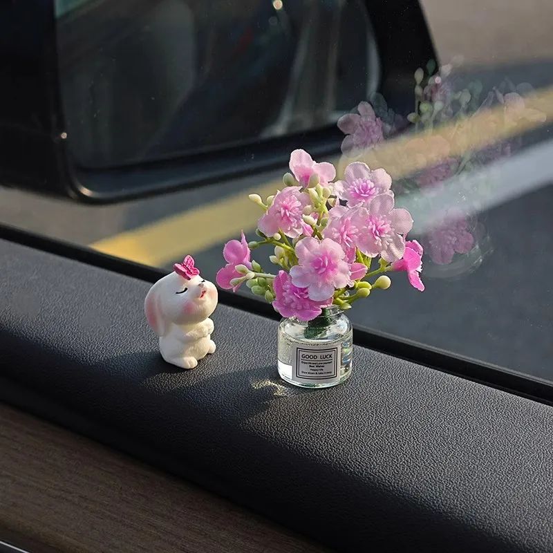Figura De Resina De Conejo Lindo Con Jarrón De Vidrio Flor Artificial Adorno De Salpicadero De Coche Sanación Decoración De Escritorio Miniatura