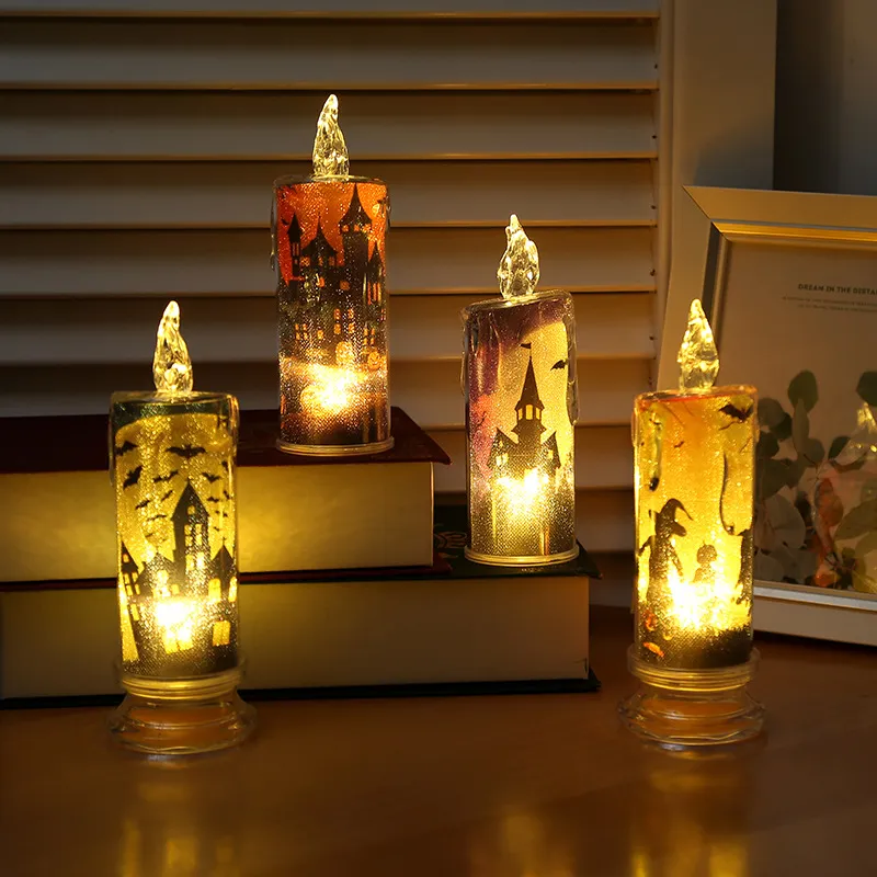 Halloween LED Simulation Candle Light Spooky Atmosphere Lamp Pumpkin Castle Pattern Party Prop Decorative Lighting