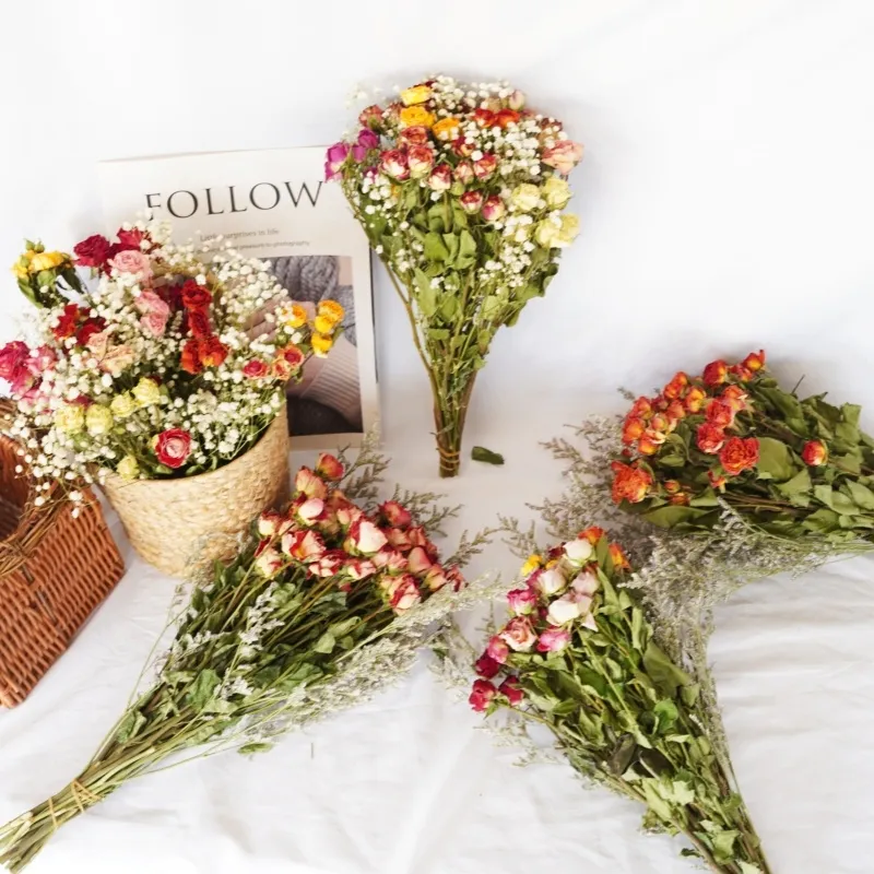 Valentijnsdag Meerhoofdige Roos Gedroogd Bloemenboeket Natuurlijke Geconserveerde Bloemen Gemengde Bloemschikking Huisdecoratie Cadeau