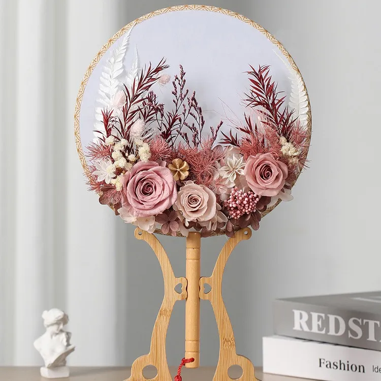 Stile Cinese Fatto a Mano DIY Kit Materiale Ventaglio Rotondo di Fiori Secchi Stabilizzati Con Supporto in Resina
