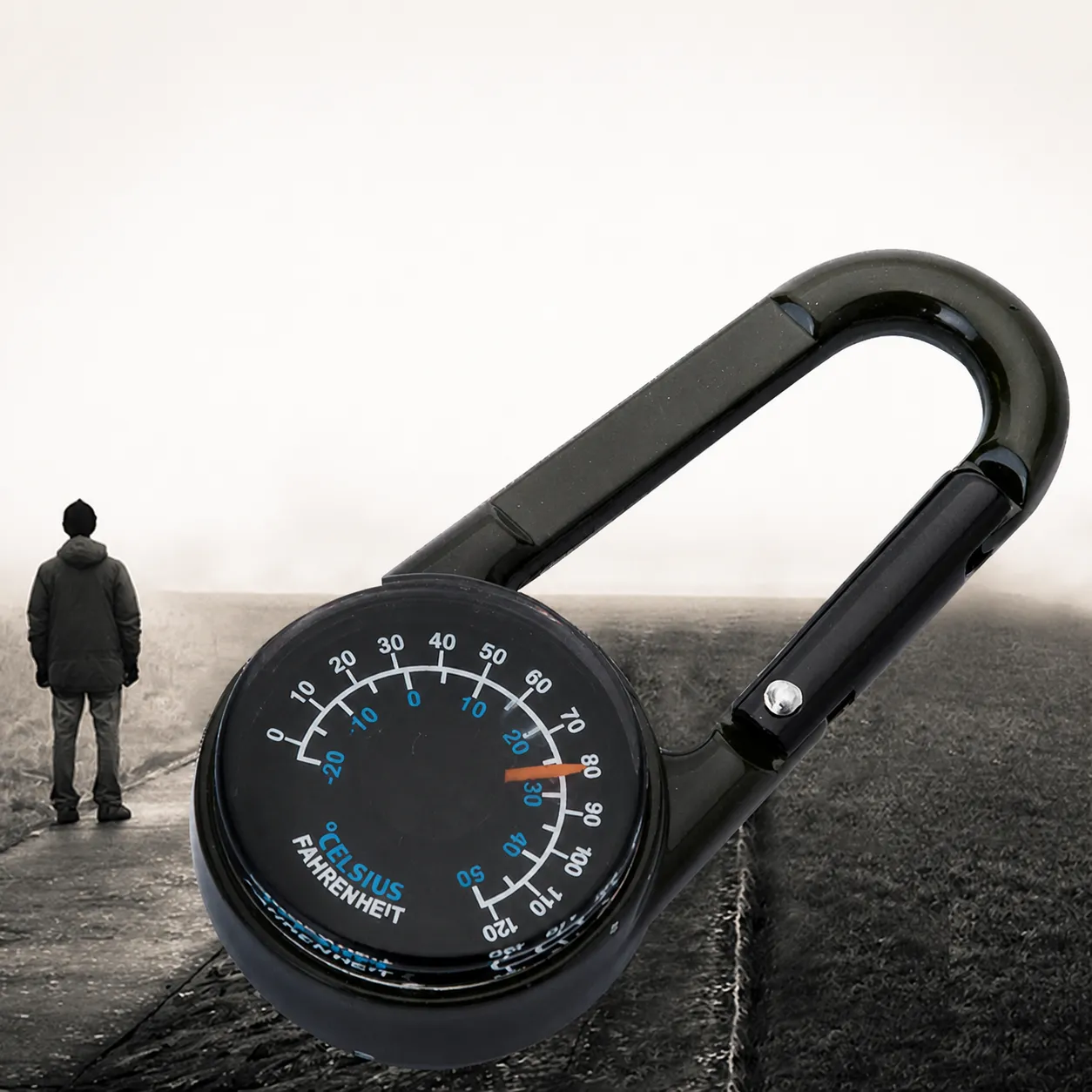 Zinc Alloy Carabiner Compass Portable Outdoor Hiking Camping Survival Navigation Tool With Built In Thermometer