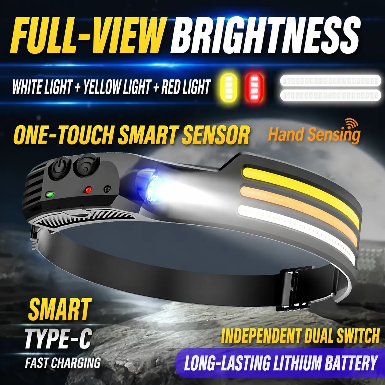 Linterna Frontal LED Recargable Luz de Camping al Aire Libre Sensor Inteligente Luz de Cabeza Portátil Correr Ciclismo Impermeable