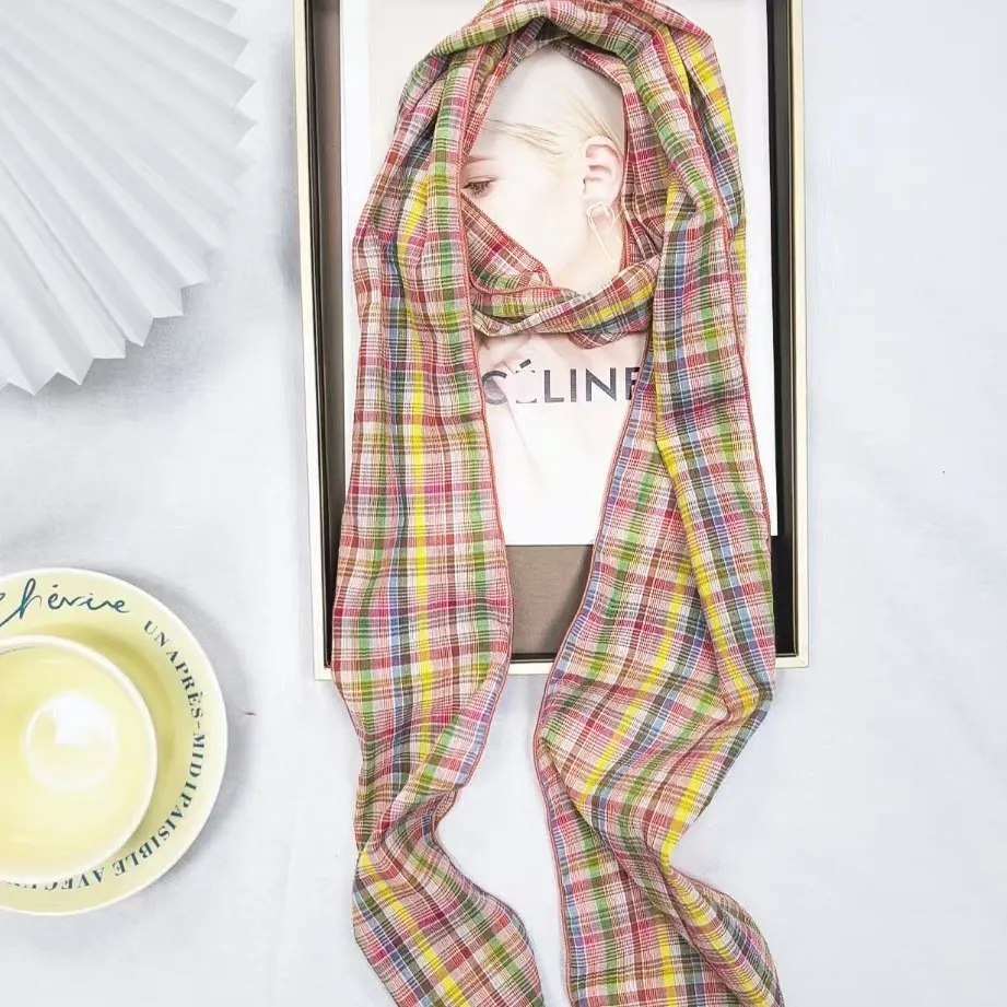 Women Plaid Triangle Scarf French Vintage Dopamine Neck Scarf Lightweight Polyester Hair Bandana For Daily Photo