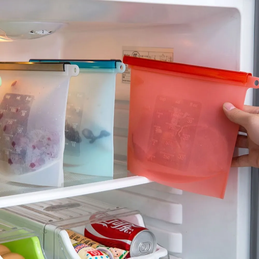 Sacchetto per Alimenti in Silicone per Uso Alimentare Riutilizzabile Antiperdita Sacchetto di Conservazione Fresca Con Cursore di Tenuta e Scala di Capacità