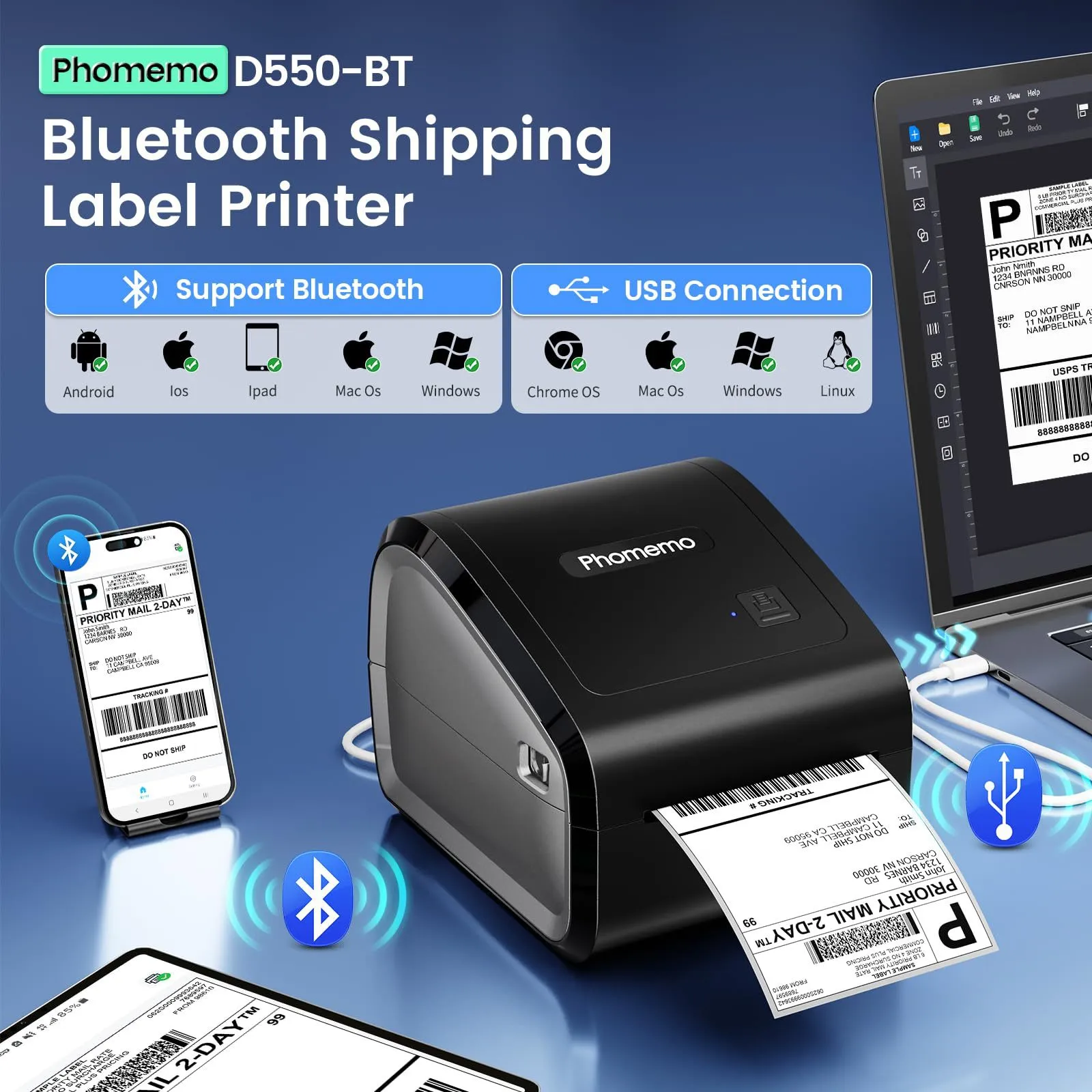 Bluetooth Thermal Label Printer Wireless Shipping Label Maker For Express Waybill Commercial Office Device