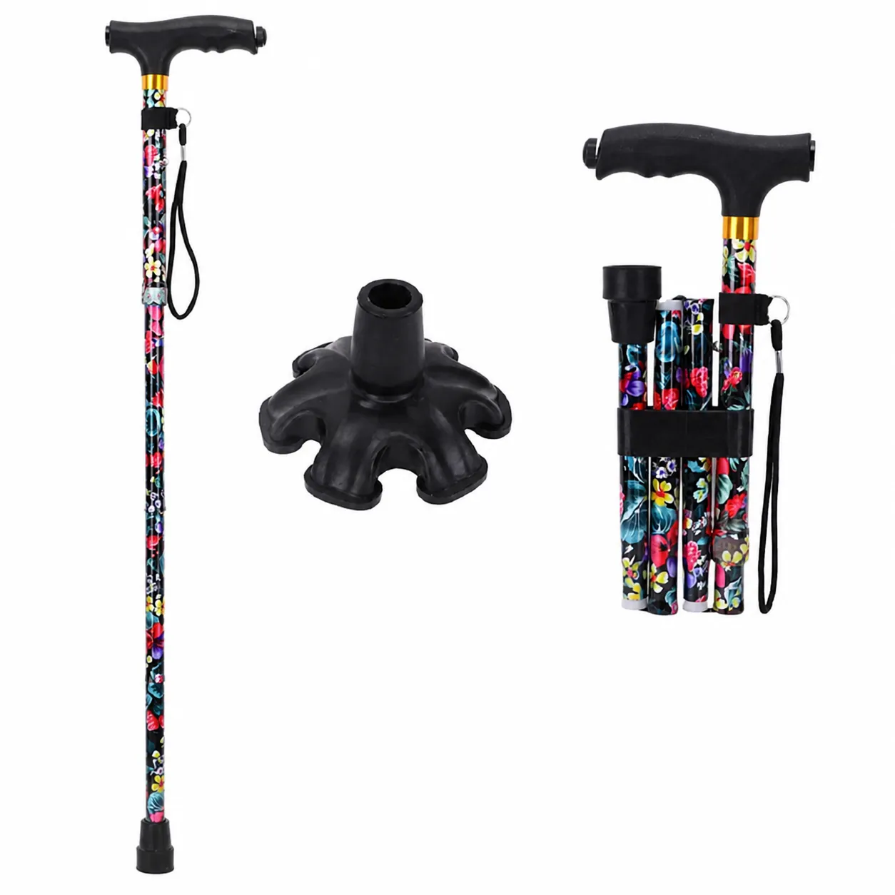 Foldable Elderly Walking Cane Lightweight Aluminum Alloy Adjustable Trekking Pole With LED Light Base Hiking Aid
