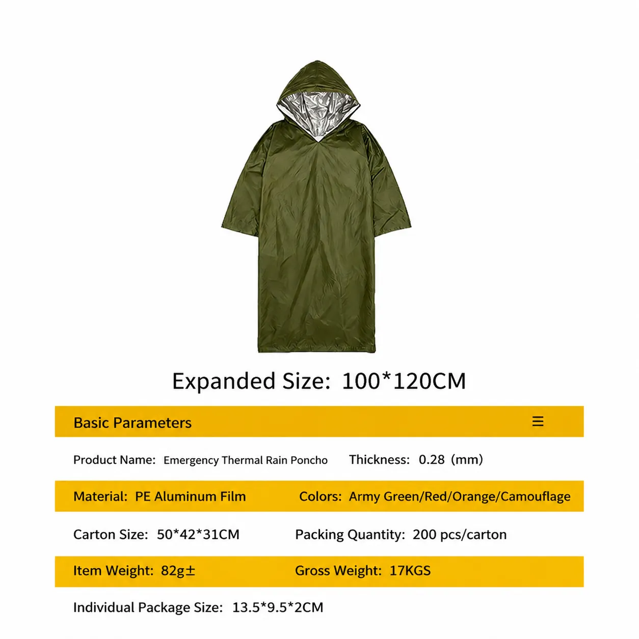 Imperméable Thermique d'Urgence Extérieur Poncho En Film Aluminium PE Imperméable Pour Camping Randonnée Aventure