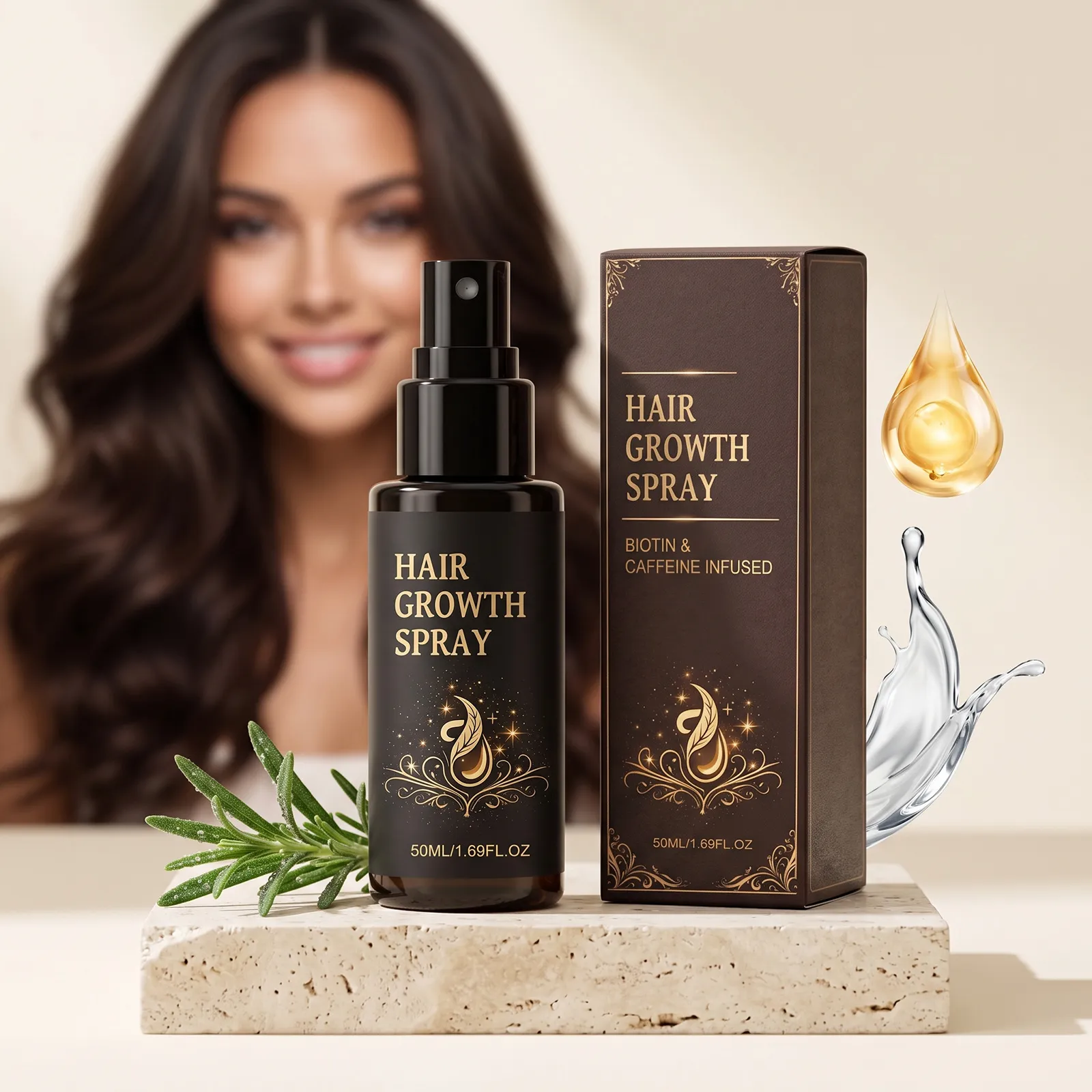 Mit Biotin Und Koffein Angereichertes Haarspray Nährende Kopfhautbehandlung Portables Schwarzes Fläschchen Haarpflegeprodukt