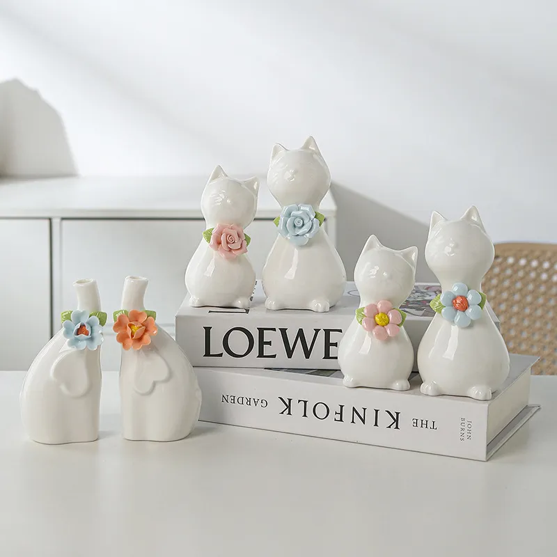 Handmade Ceramic Animal Figurine Cute Cat Elephant Tabletop Ornament With Colorful Pinch Flowers Nordic Home Decor Craft