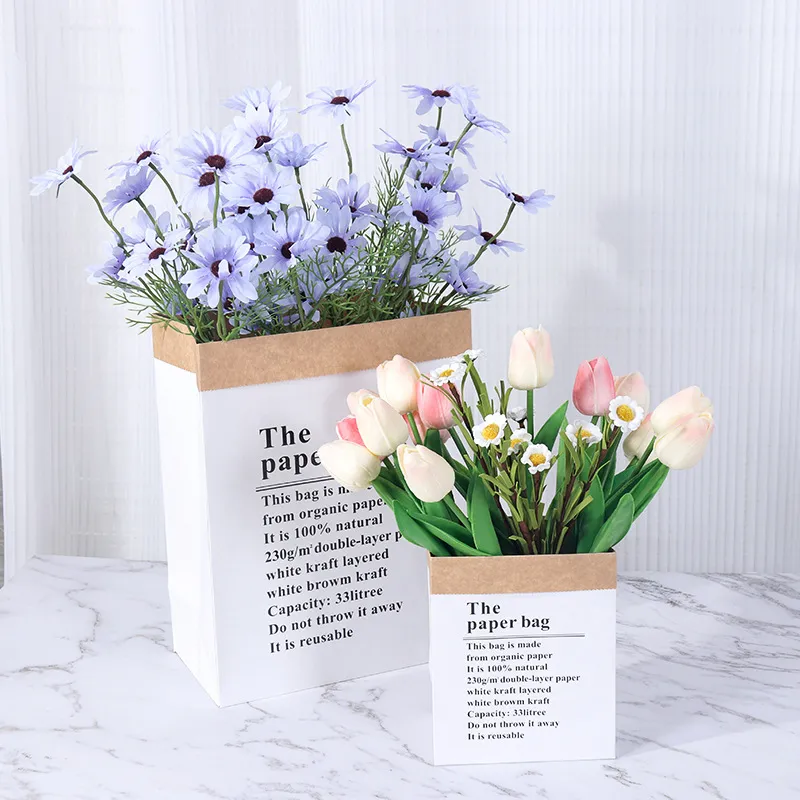 Minimalistisch INS Stil Kraftpapier Geschenktüte Doppelte Schicht Verpackungsbeutel Blumenbeutel Für Blumenaufbewahrung Party Hochzeit