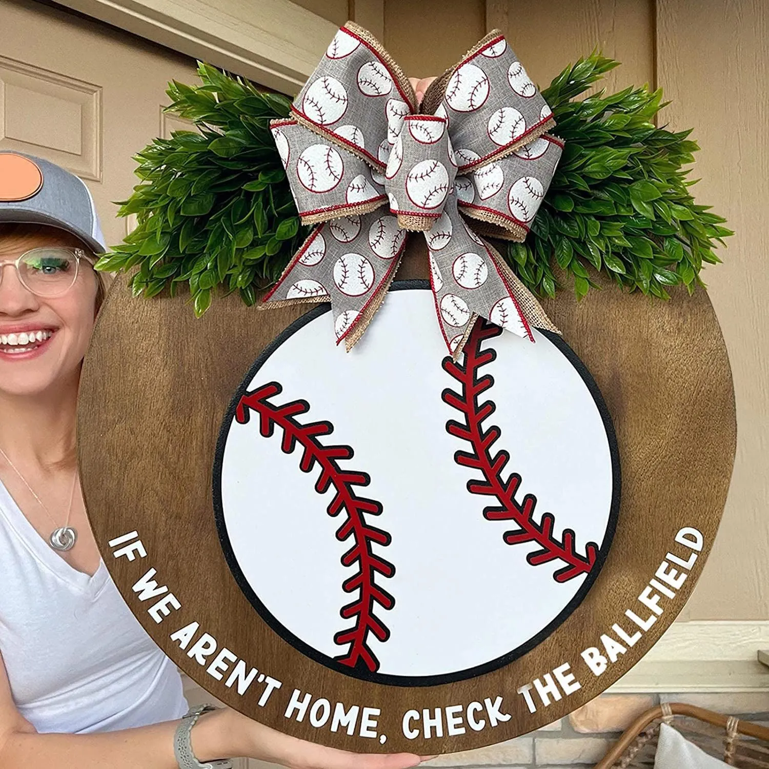 Wooden Baseball Welcome Door Sign Hanging Plaque Rustic Farmhouse Front Porch Decor Sports Theme Wall Art Gift