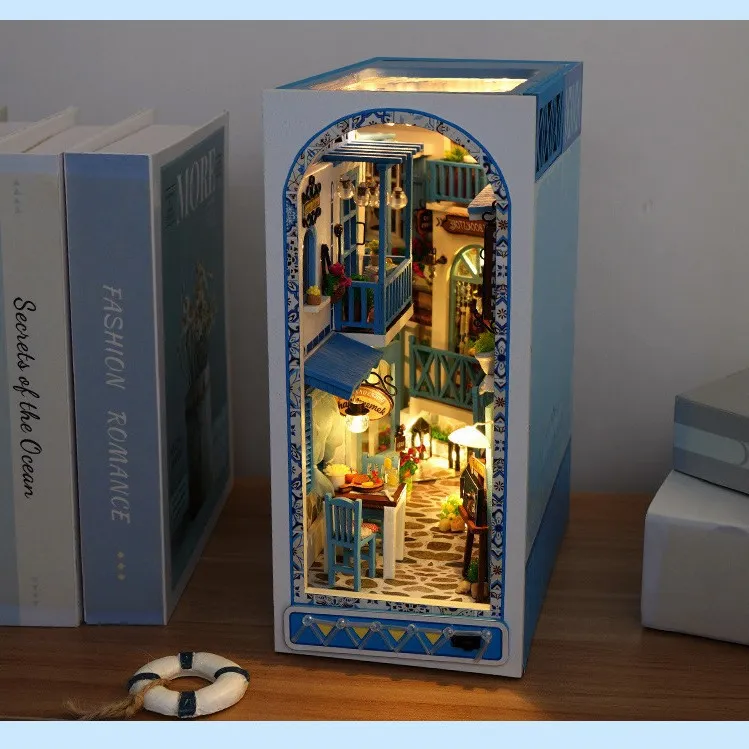 Kit de Casa de Muñecas en Miniatura de Madera Rincón de Libros DIY con Luz LED Decoración de Rompecabezas