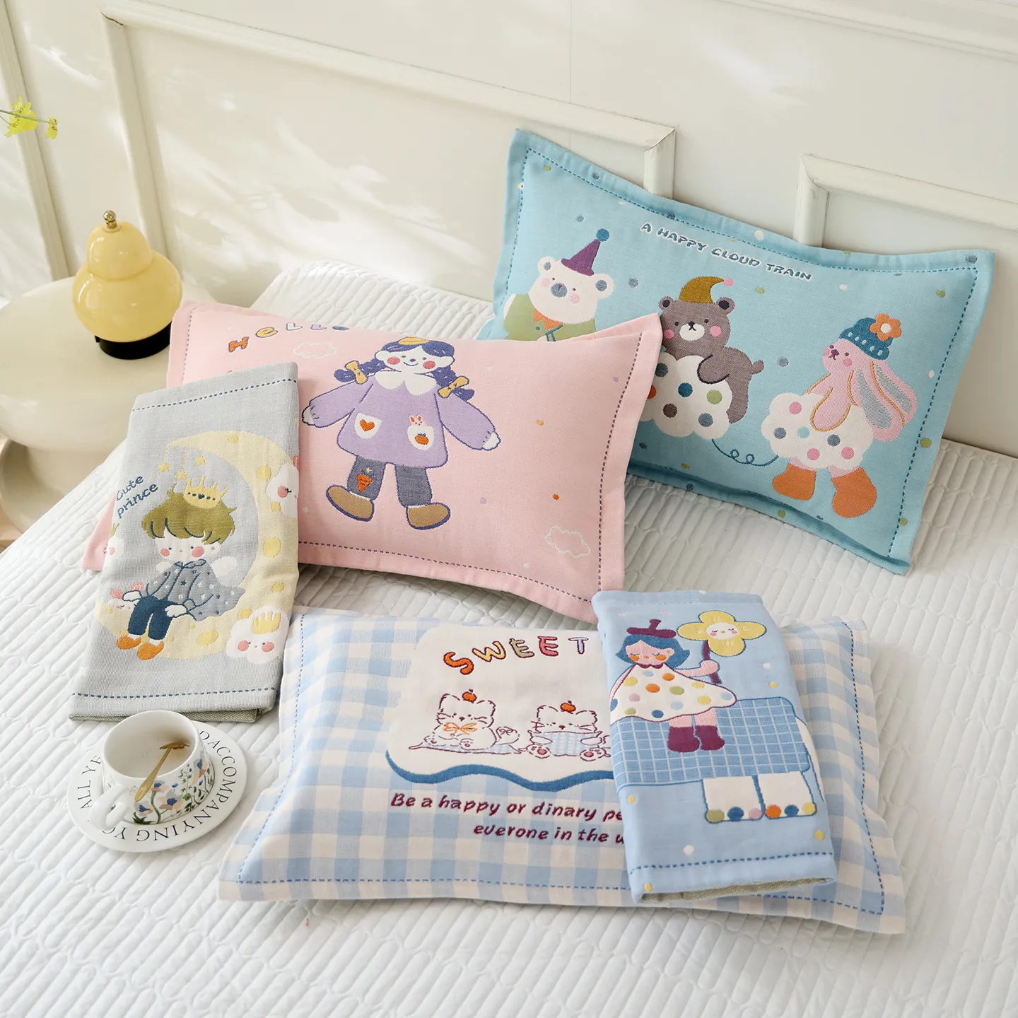Cute Cartoon Cotton Gauze Pillowcase Breathable Sweat-Absorbing Kids Student Dormitory Pillow Cover