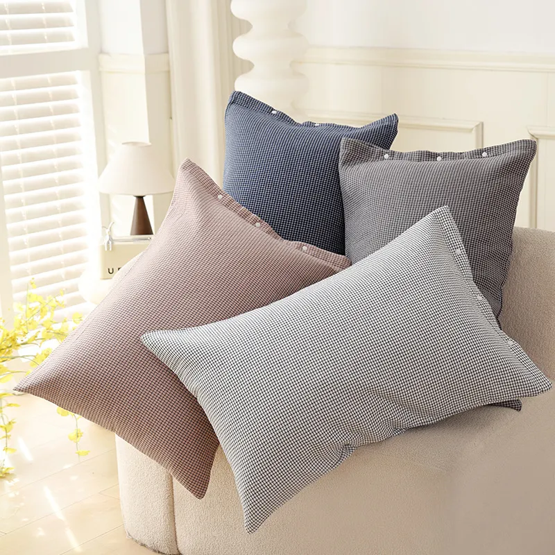 Pure Cotton Gauze Pillowcase Snap Button Closure Simple Plaid Pillow Cover Soft Breathable Bedding Pillow Protector
