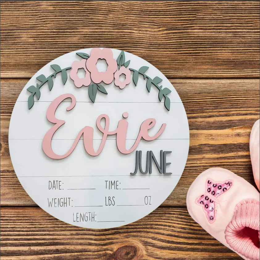 Letrero de Estadísticas de Nacimiento de Recién Nacido de Madera Adorno de Disco de Hito de Bebé Personalizado Accesorio de Foto de Baby Shower