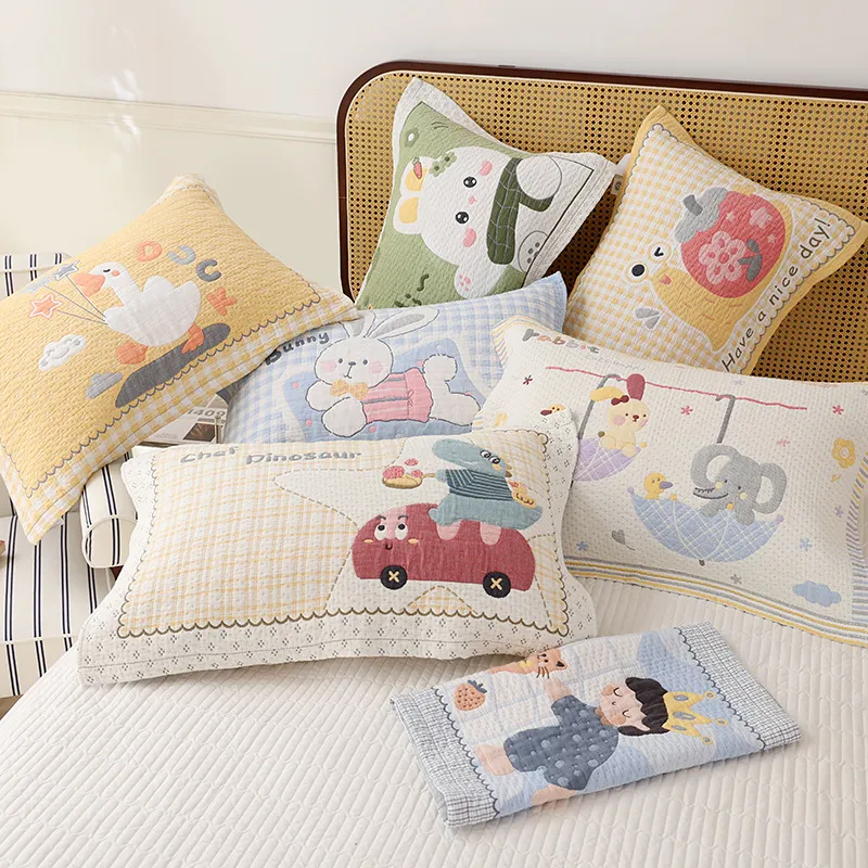 Thickened Gauze Pillow Towel Cartoon Printed Soft Breathable Pillow Cover For Student Dormitory Home Bedroom