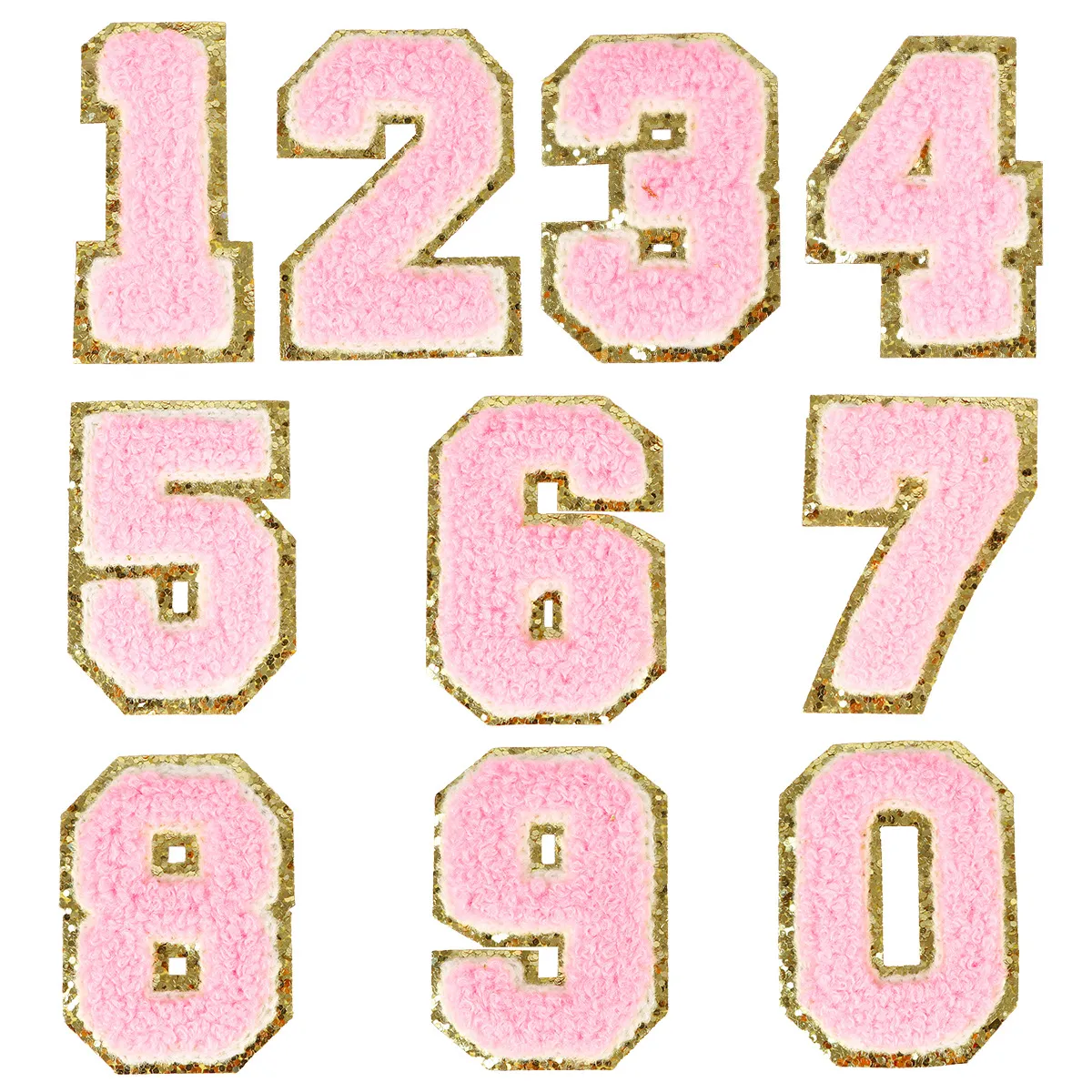 Roze Badstof Borduurwerk Nummer Patch Gold Glitter Rand DIY Kleding Accessoires Opstrijkbare Applique Stof