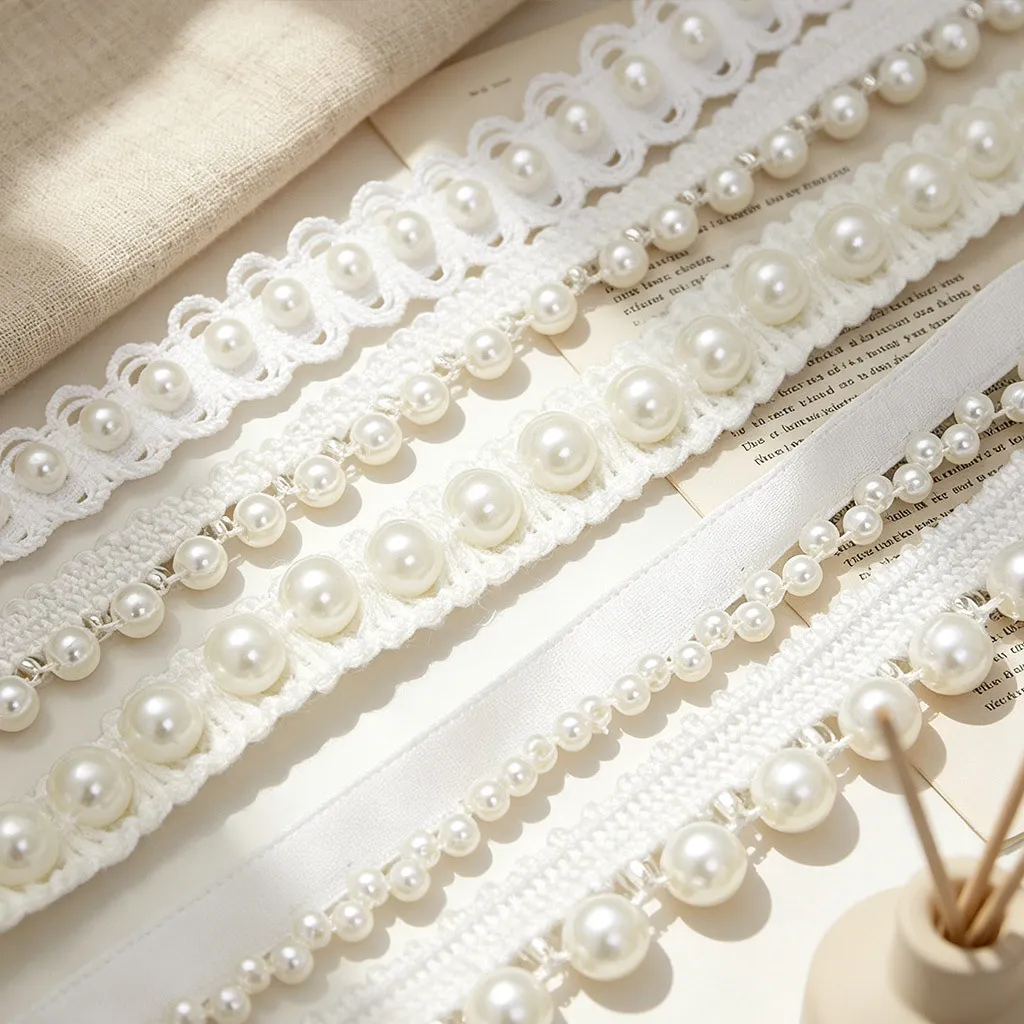 White Pearl Lace Trim Ribbon Polyester Artificial Pearl Beaded Ribbon For DIY Gift Packaging Garment Sewing Accessories