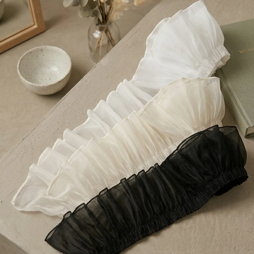 Chiffon Lace Trim Pleated Fabric Ribbon For Sewing Wedding Dress Garment Craft DIY Decoration White Beige Black