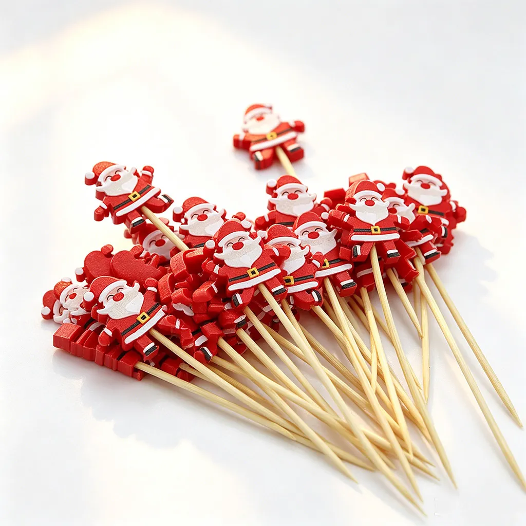Christmas Santa Claus Decorative Bamboo Sticks Wooden Fruit Picks Festive Party Supplies Food Picks Dessert Toppers