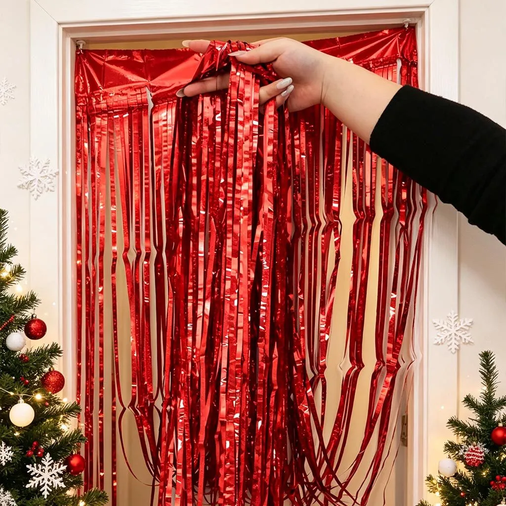 Christmas Party Door Curtain Background Decoration Plastic Tinsel Fringe Foil Curtain For Holiday Home Wall Decor