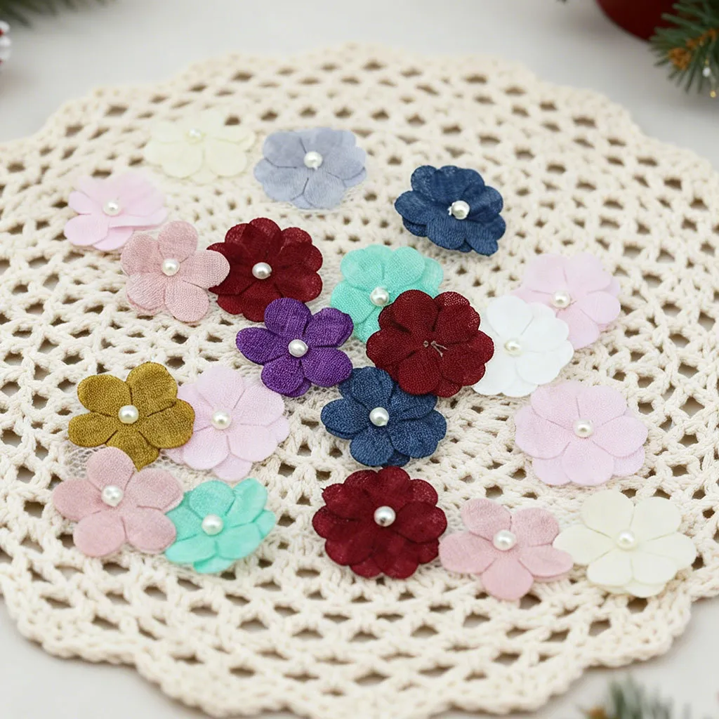 Fabric Five Petal Flower Patches With Artificial Pearl DIY Sewing Garment Trims For Home Decor Wedding Decoration