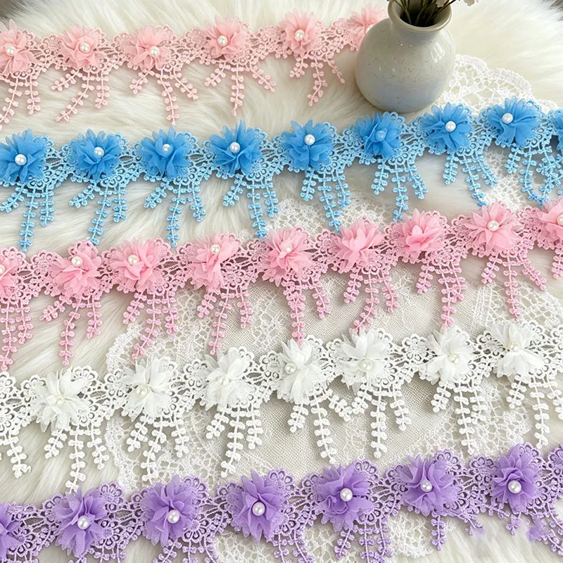 Polyester Floral Lace Trim Ribbon With Artificial Pearls For Wedding Gift Wrapping DIY Craft Sewing Accessories