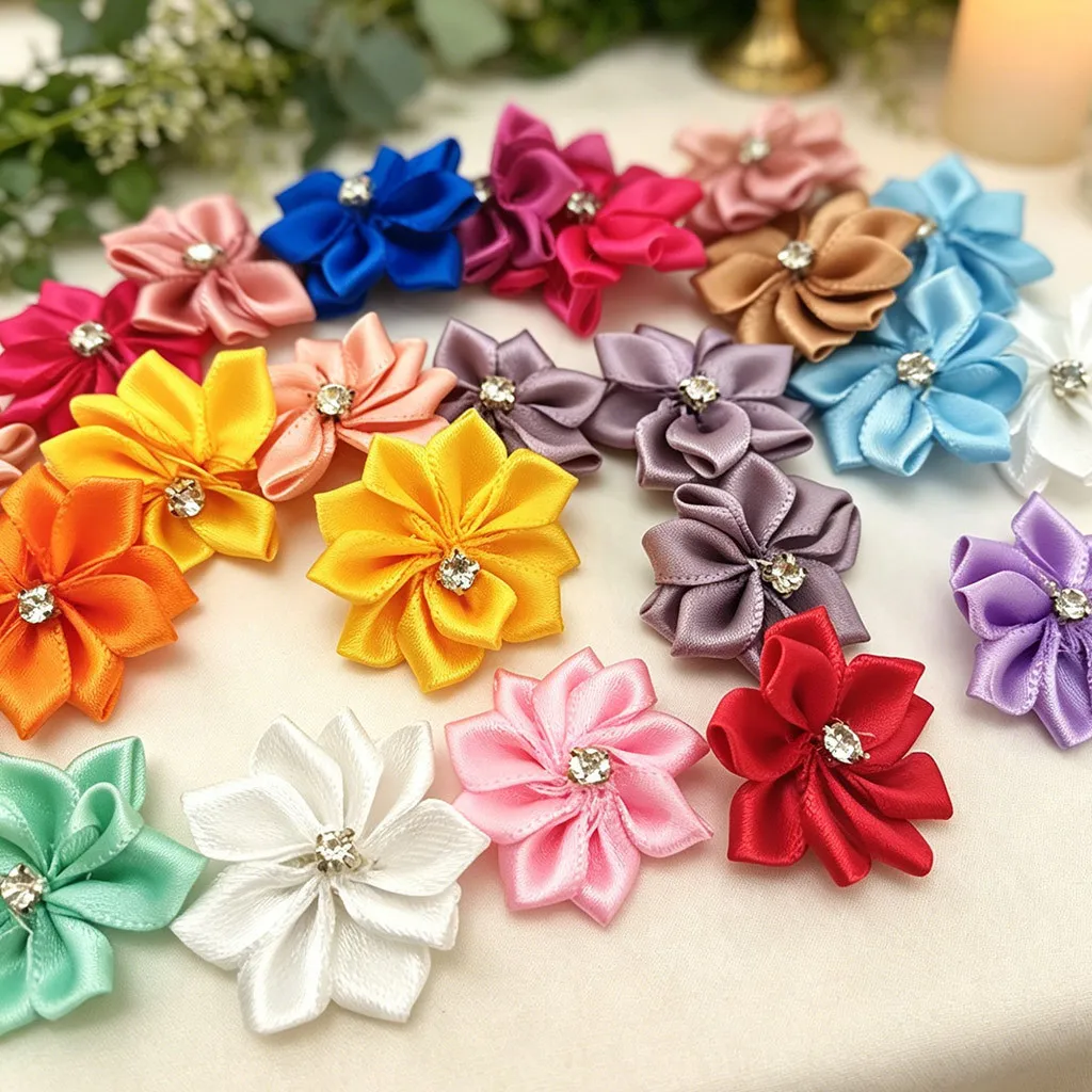Ribbon Rose Flower Applique With Rhinestone Embellishment For Wedding Craft Sewing DIY Garment Decoration