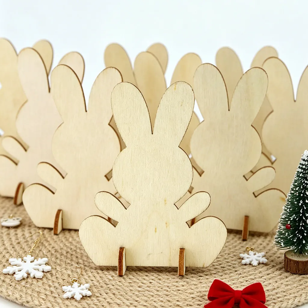 Ornement de Lapin en Bois de Pâques Artisanat DIY Tranches de Bois Silhouette de Lapin Décoration de Fête de Table à Maison