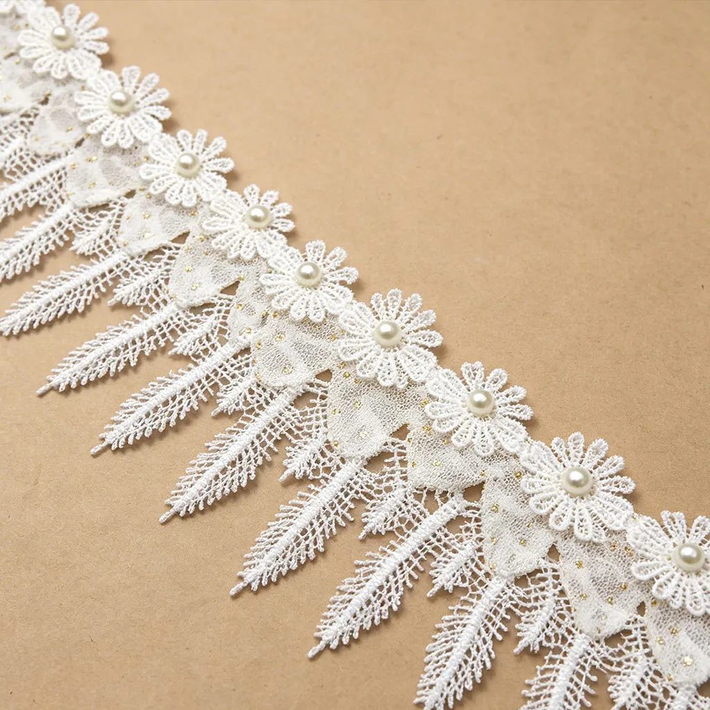 White Water Soluble Tulle Lace Trim Polyester With Pearl Embellishment For Sewing Craft Wedding Decoration