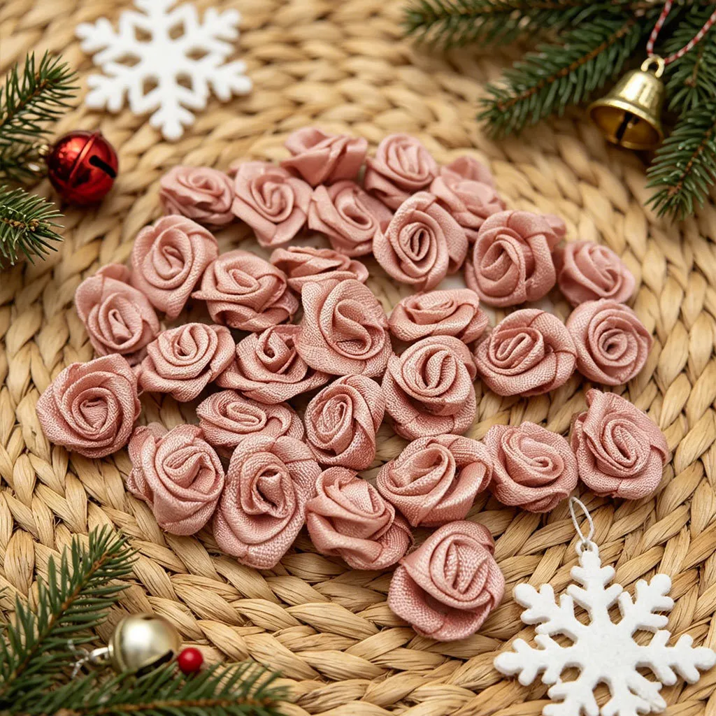 Mini Flores de Rosa de Cinta de Satén Flores Artificiales de Poliéster Para Fiesta de Bodas DIY Manualidades Envoltura de Regalos Decoración